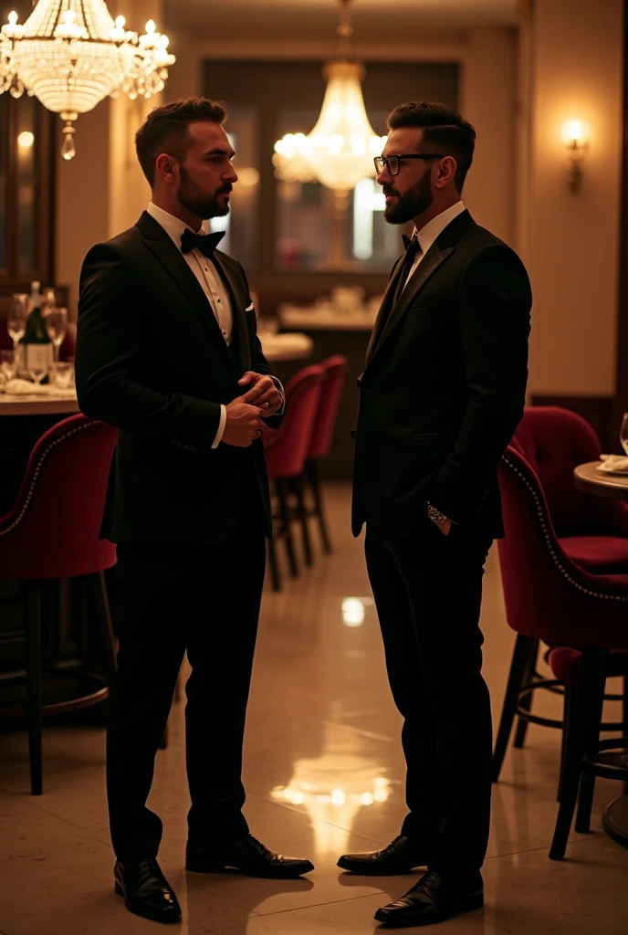 Two men in elegant black suits with black glasses standing apart from each other
