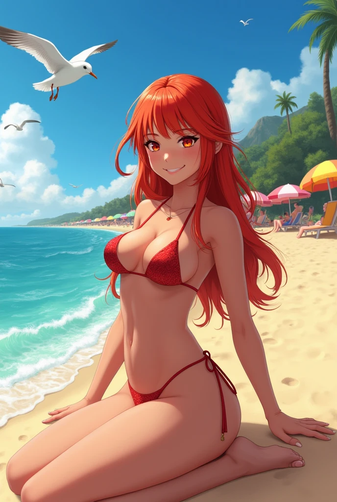 A red head girl with gigantic boobs in a bikini 