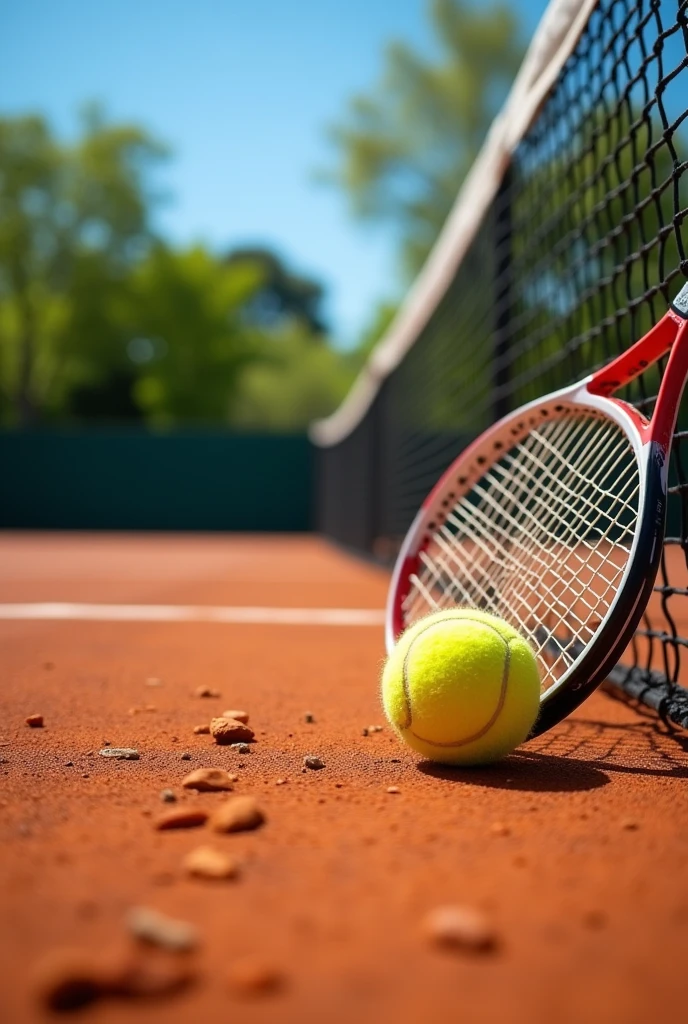 On a clay court, seeing a racket resting on the net and a ball says Tennis events