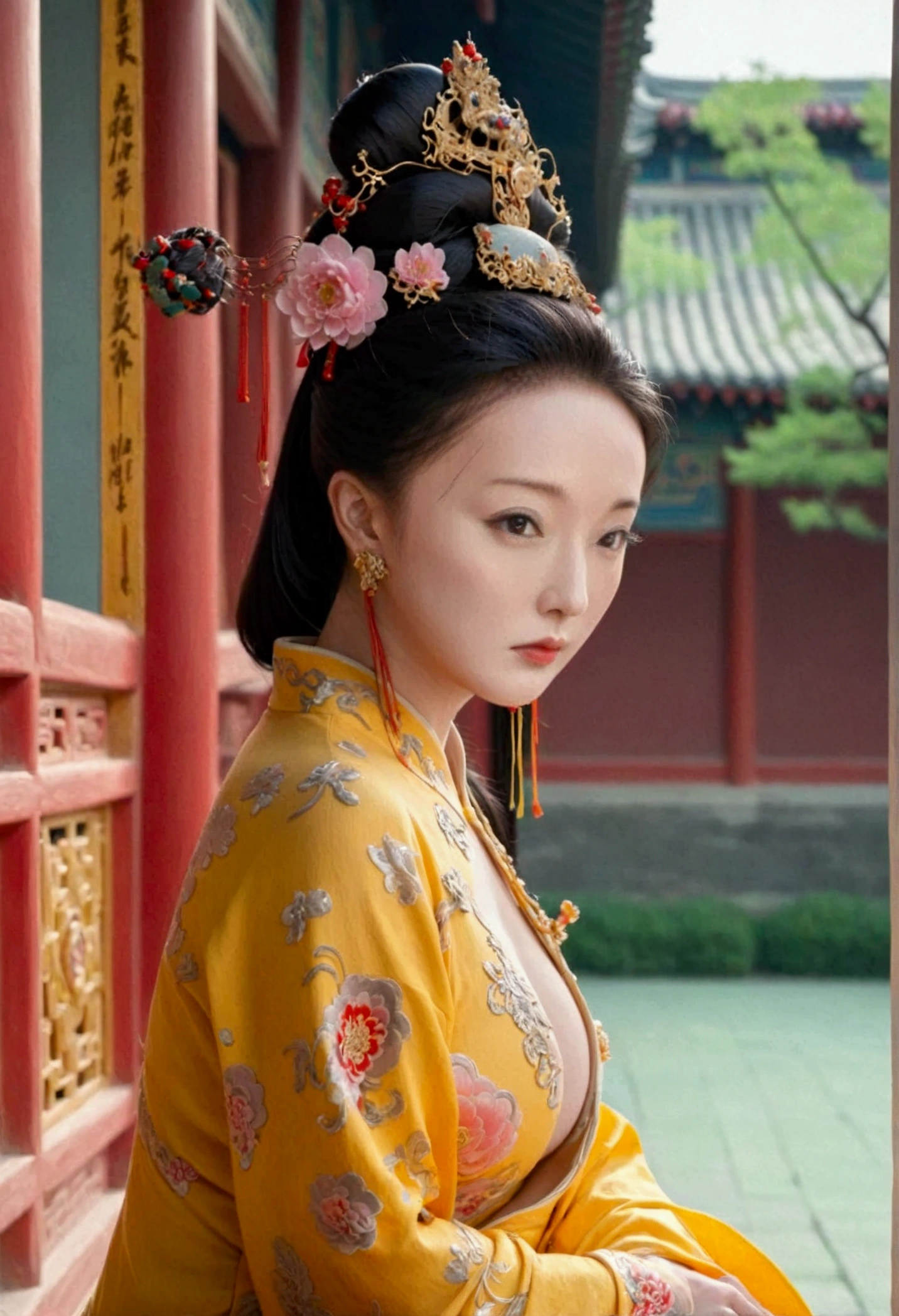 The Qing Dynasty woman is naked and has slightly large breasts., Pose on all fours, You can see her sticking out her butt from the side., The background is outside of a Qing Dynasty palace