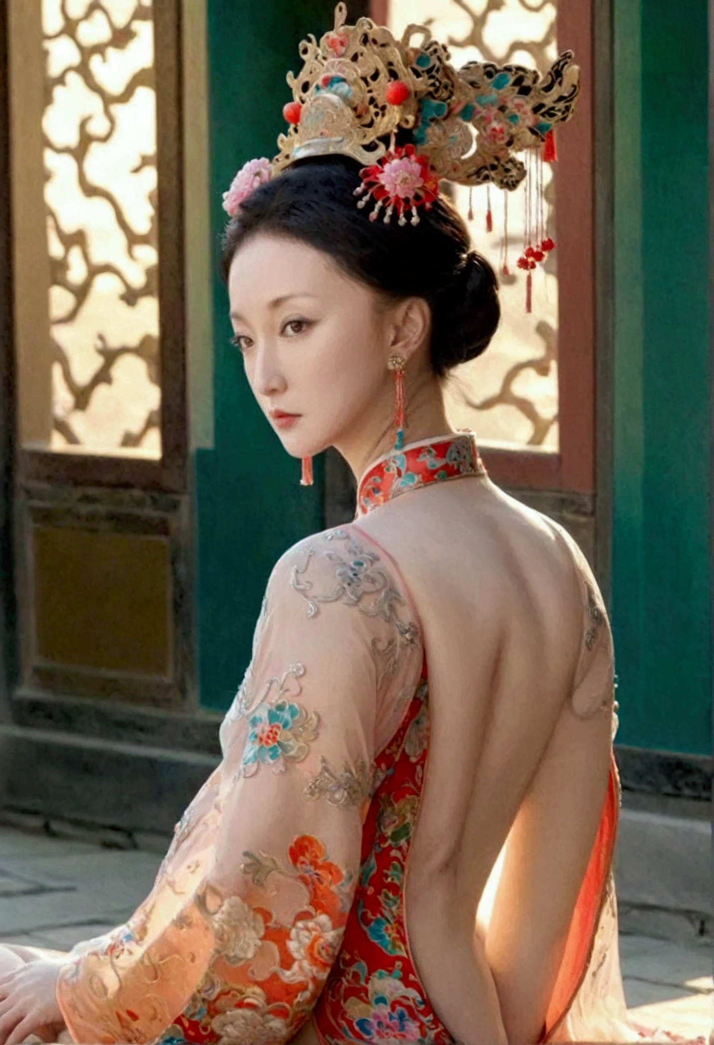 The Qing Dynasty woman is naked and has slightly large breasts., Pose on all fours, You can see her sticking out her butt from the side., The background is outside of a Qing Dynasty palace