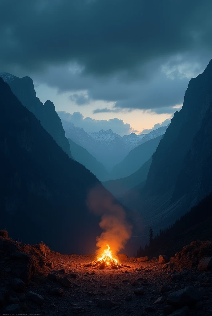 scenery, cloud, mountain, cloudy_sky, no_humans, outdoors, sky, letterboxed, fire, night, landscape, artist_name