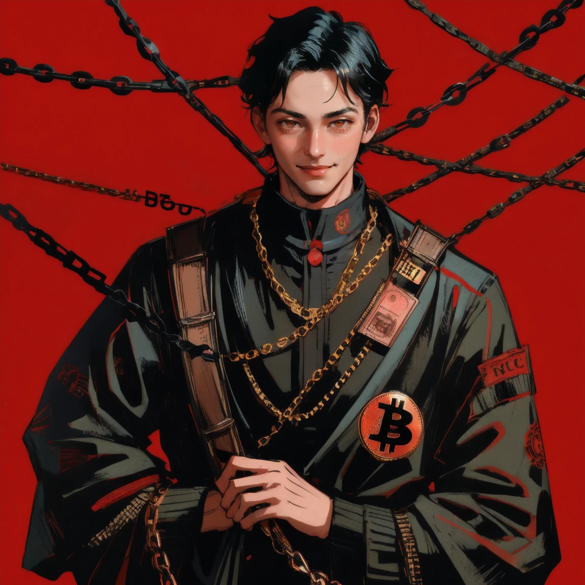 Vintage comic-style illustration with a grinning safe marked 'Funds Are Safu,' wrapped in chains. The background features a bold red theme, with Bitcoin symbols and money subtly integrated into the scene, creating a sense of security with a playful and slightly eerie vibe.