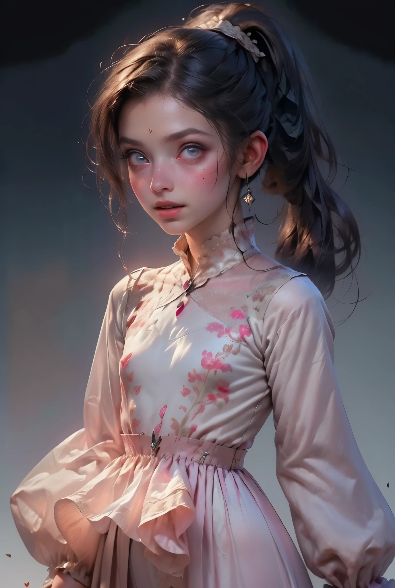 ((best quality)), ((masterpiece)), (detailed), perfect face (((masutepiece, of the highest quality, super detailed))), hand drawn style, hand painted style, watercolour, sketch, a knight, white background, plain background, Bloodborne inspired, tatty Bloodborne attire, occult aesthetic, occult, tatty red and white clothing detailed and intricate steampunk and detailed gothic lolita (with a hood), long coat, Complex laced boots, Fluttering lace flared long knee length dress with frilly petticoats, long dress, knee length dress, pleated petticoats, lolita dress, petticoats gothic lolita aesthetic, beautiful small breasts, (((flat chest:1.1))), (((( Highly detailed face))), small thin nose, Small thin lips mouth, (((Very sharp focused eyes))), Very large slit precision pale grey eyes that shine like jewels. (resolved expression), (resolute expression), ((dark hair)), ((long ponytail, thick ponytail, heavy ponytail)), very long eyelashes, white background, Very dramatic and cinematic lighting, tatty damaged old red and white clothing, full body, whole body, body, cosmic horror, grim dark, (NSFW)