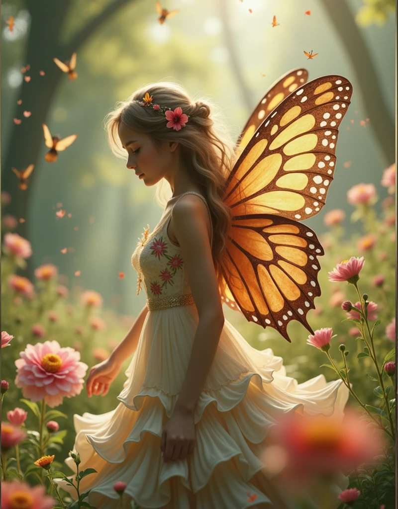 a young girl, dreamlike forest, elegant fairy, detailed face, beautiful eyes, long eyelashes, delicate lips, intricate floral dress, ethereal lighting, warm color palette, mystical atmosphere, whimsical mood, fantasy concept, high quality, cinematic, photorealistic, 8k, award winning artwork