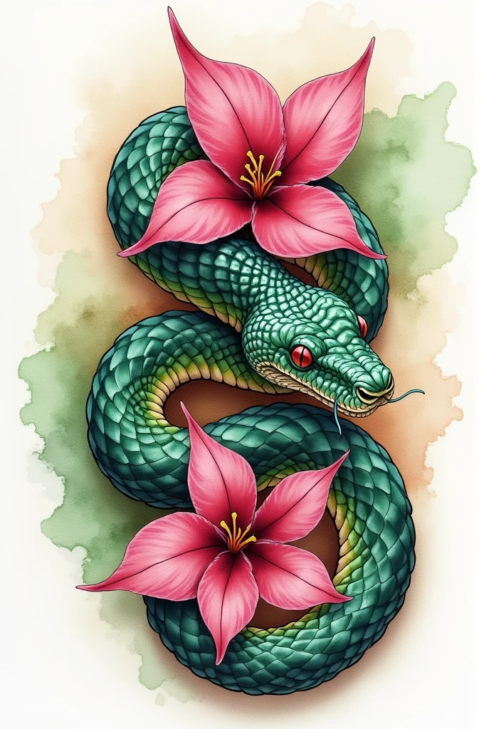 Tattoo of a snake wrapped around pink Fittonia