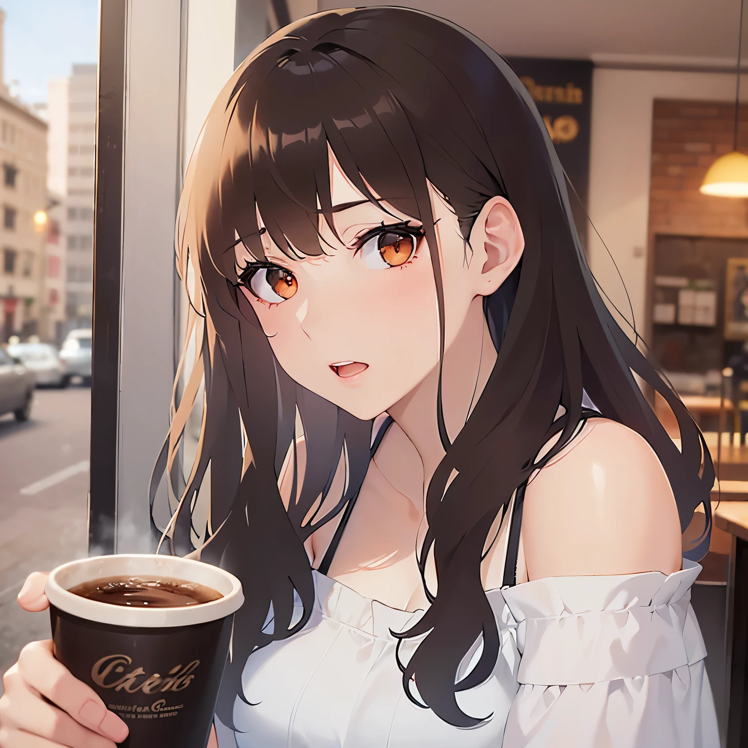 （looking at viewer:1.5）Upper Body, Side shot、Have a coffee、
Realistic, real person, (pale skin: 1.2), RAW photo, photorealistic, shiny skin, shiny hair、(A 25-year-old woman with medium-length hair and bangs) and (wavy hair) and (brown hair) and (orange eyes) ,
(white) and (off shoulder blouse)
(Serious:1.5),open mouth,(alone:1.5),The background is the interior of a cafe