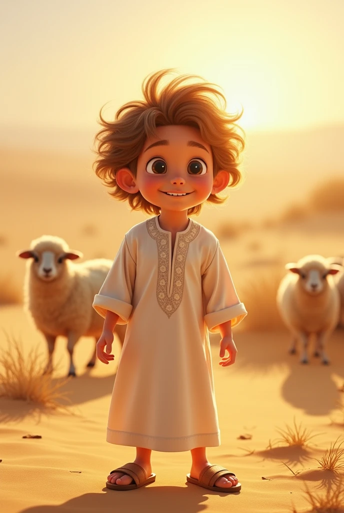 a young jew, Full-body image, ((())), ((Pixar-style)), Caucasian skin, (((Light brown curly hair))), wearing a white Jewish dress, jewish sandal, happy and welcoming expression, detailed facial features, complex clothing folds, warm lighting, cinematic composition in the desert with sheep nearby, rewarded photography.