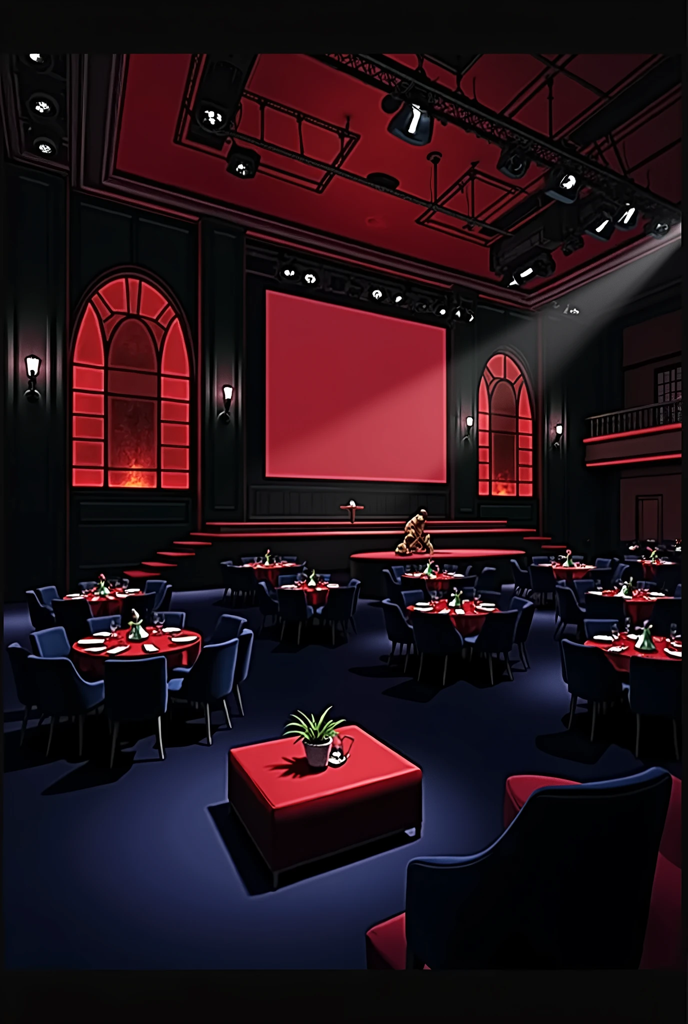 photorealistic, red, jazz club, stage, large interior, tables, spacious, big building, tables and chairs, performing stage, moody, red