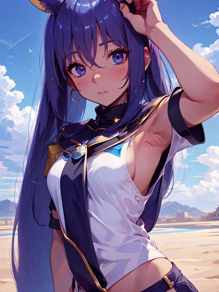 Empty City, A town above the clouds, Sky City,Black Eye,Blue haired,Falling from the sky、In the desert、Stars shine in the night sky、beautiful girl、Raise your arm and show your armpit.