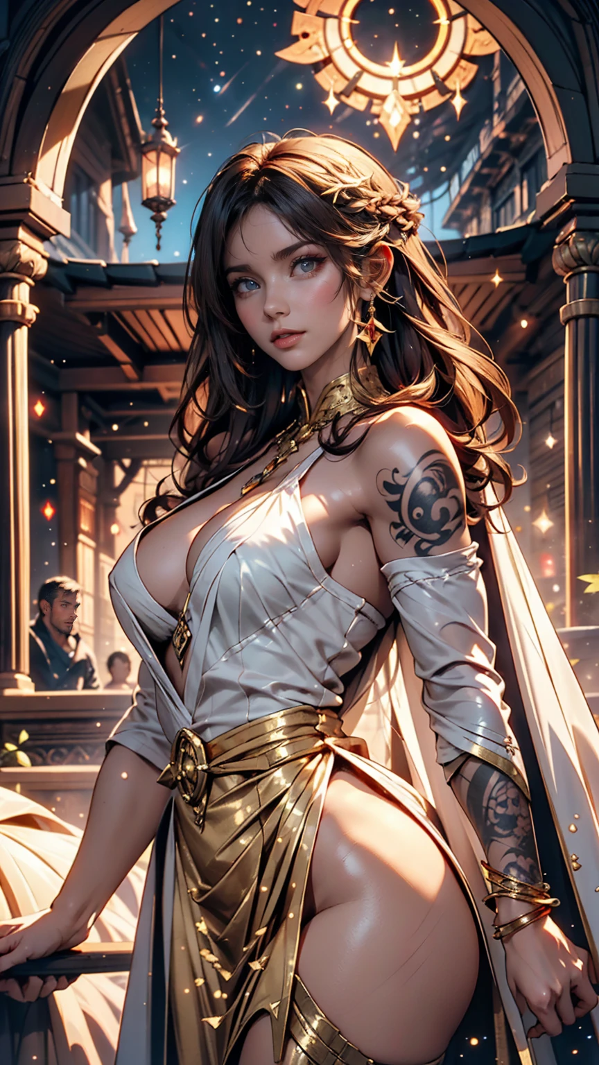 (The Goddess of Sand, beautifully decorated like in the movie, Golden Dress, Shiny gold tattoo), (Galactic Shaman with Quantum Energy Fantasy), Fantasy magic, Long Hair, Dark light night, Complex, Mysterious, Sharp focus, figure, Very detailed, Digital Painting, コンセプトart, mat, (art:WLOP), (Justin Gerard and Jason Edmiston: 1.5), (Greg Rutkowski: 0.4), (Alphonse Mucha: 0.4), masterpiece