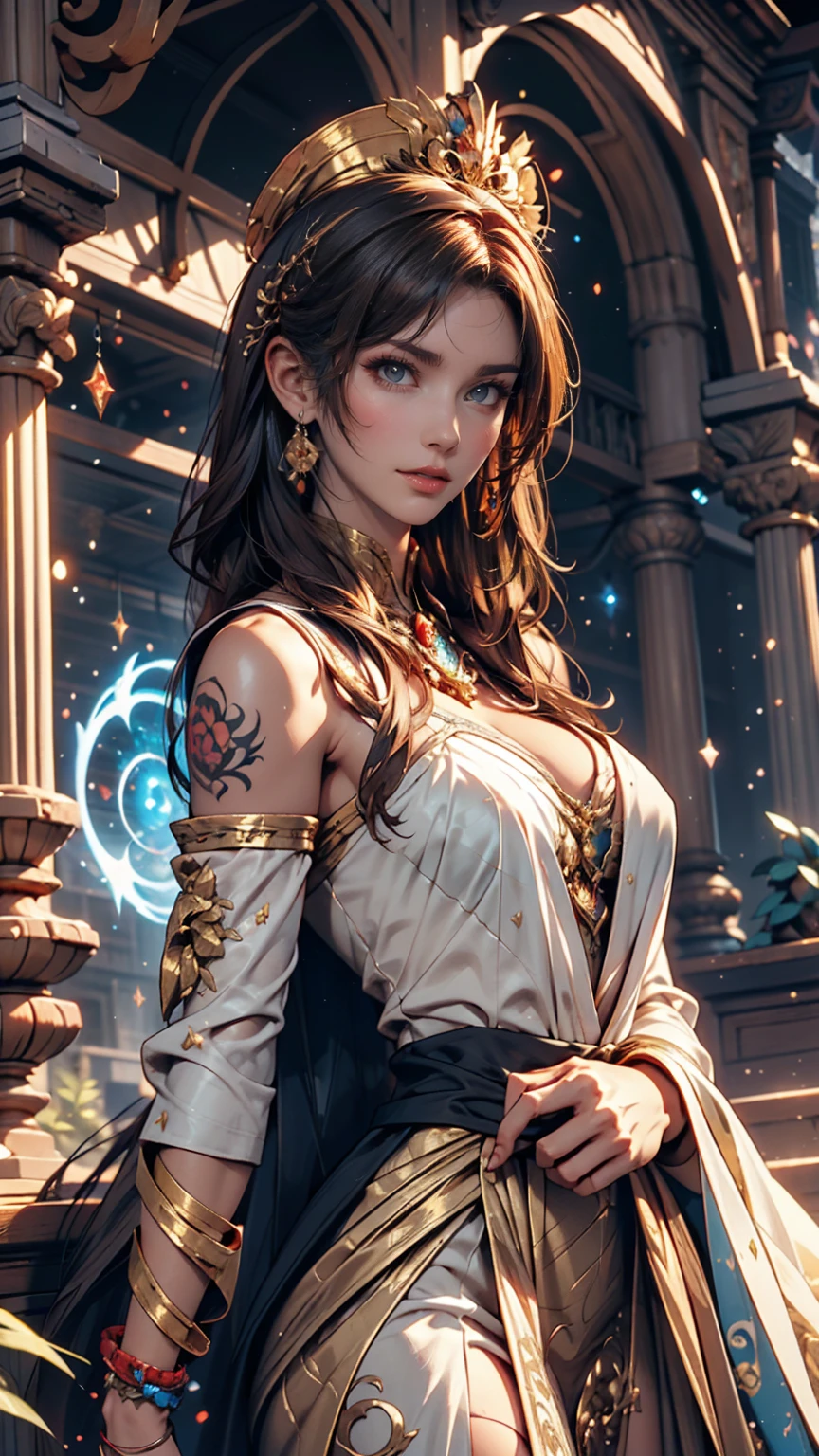(The Goddess of Sand, beautifully decorated like in the movie, Golden Dress, Shiny gold tattoo), (Galactic Shaman with Quantum Energy Fantasy), Fantasy magic, Long Hair, Dark light night, Complex, Mysterious, Sharp focus, figure, Very detailed, Digital Painting, コンセプトart, mat, (art:WLOP), (Justin Gerard and Jason Edmiston: 1.5), (Greg Rutkowski: 0.4), (Alphonse Mucha: 0.4), masterpiece