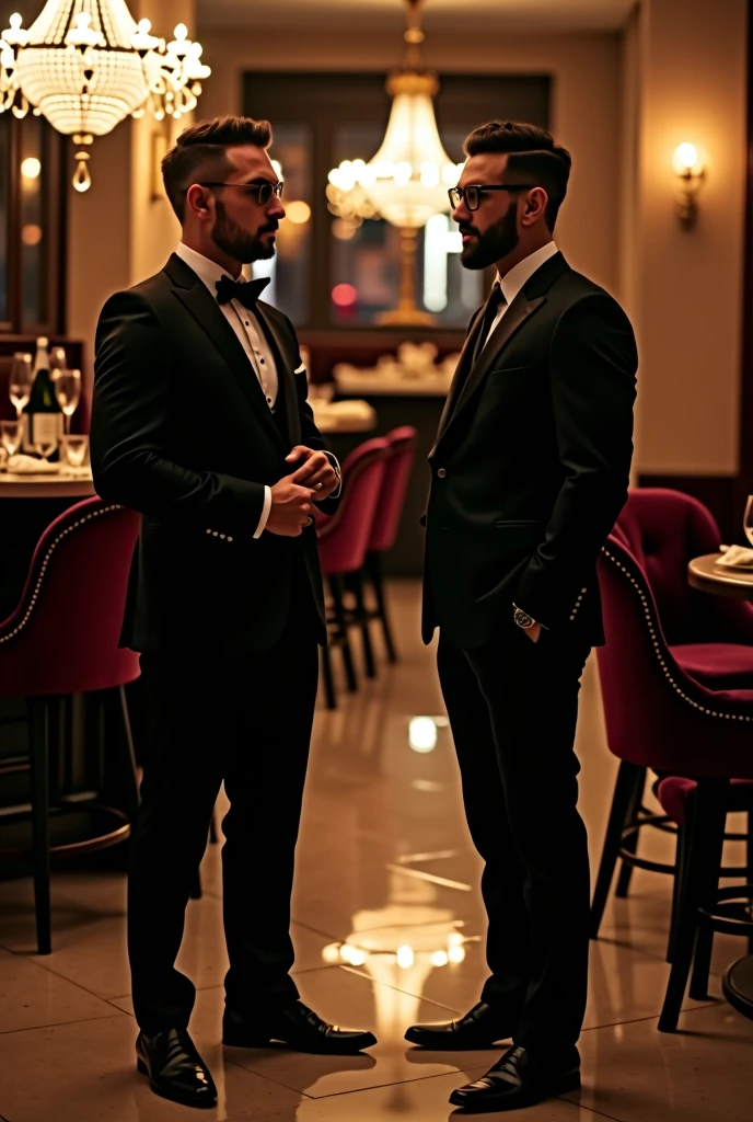 Two men in elegant black suits with black glasses standing apart from each other
