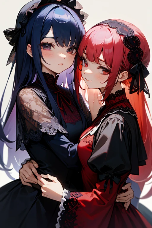 Red and navy lace dress、cute、Villainess、head band、wonderful、Sisters、2 people、2 peopleとも黒髪、