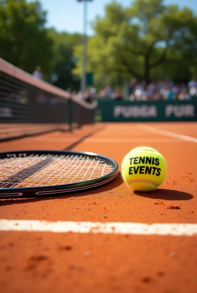 On a clay court you see a racket resting on the net and a ball with the name Tennis events