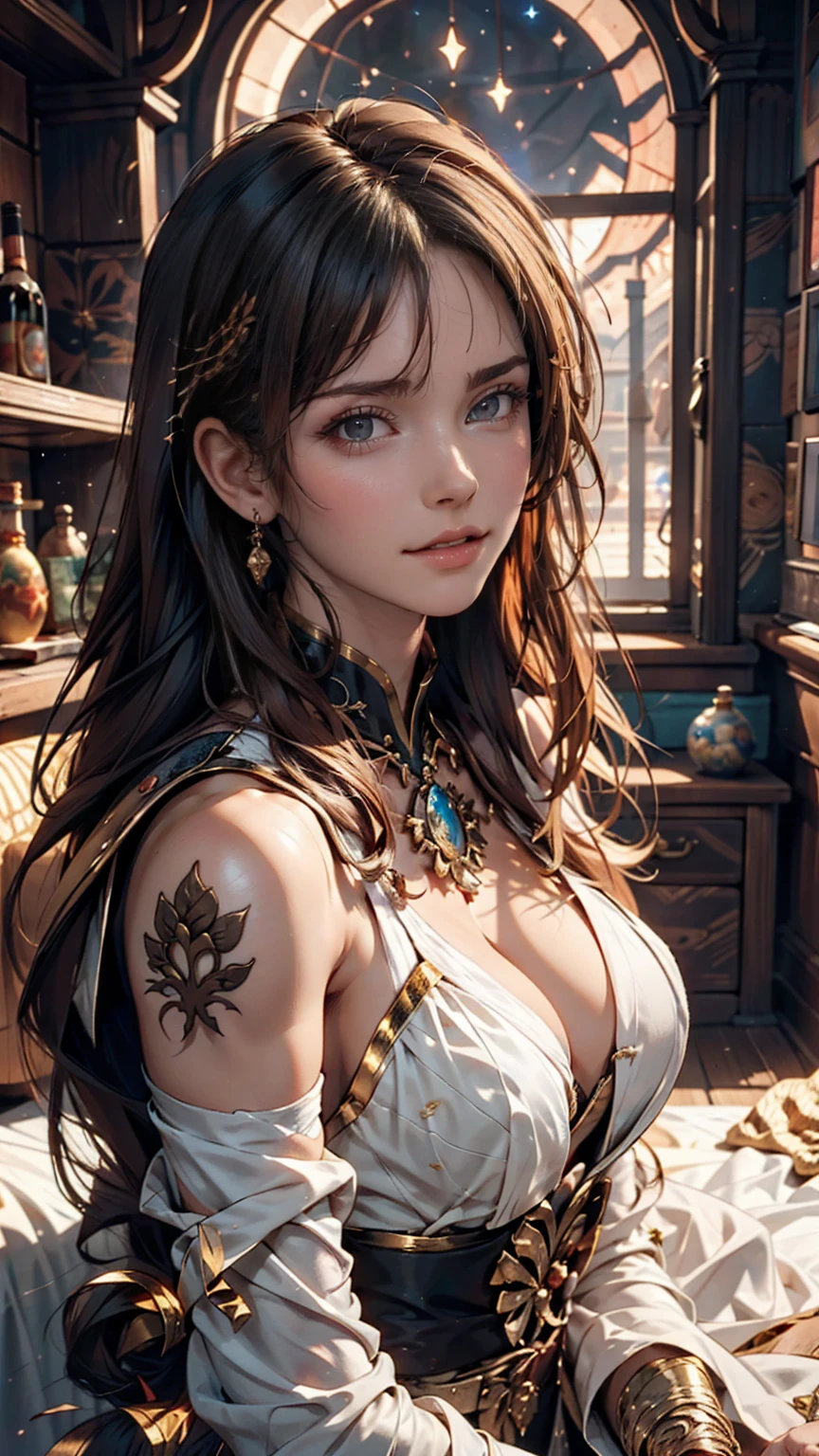 (The Goddess of Sand, beautifully decorated like in the movie, Golden Dress, Shiny gold tattoo), (Galactic Shaman with Quantum Energy Fantasy), Fantasy magic, Long Hair, Dark light night, Complex, Mysterious, Sharp focus, figure, Very detailed, Digital Painting, コンセプトart, mat, (art:WLOP), (Justin Gerard and Jason Edmiston: 1.5), (Greg Rutkowski: 0.4), (Alphonse Mucha: 0.4), masterpiece