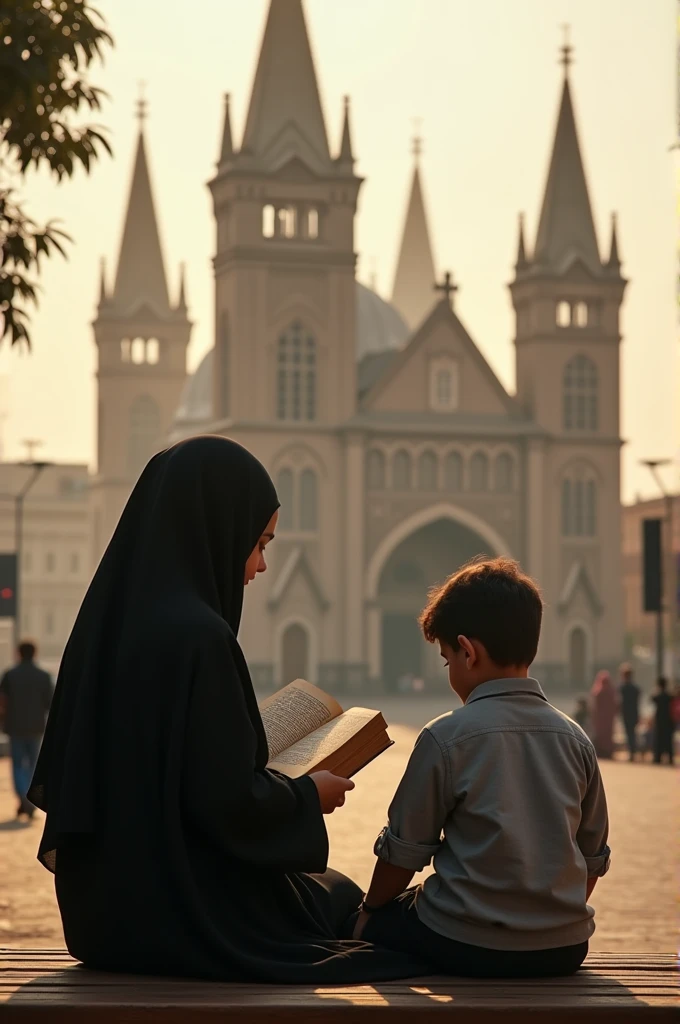 Far backside pic of young girl in abaya reading something with young boy sitting on bench in the front of church