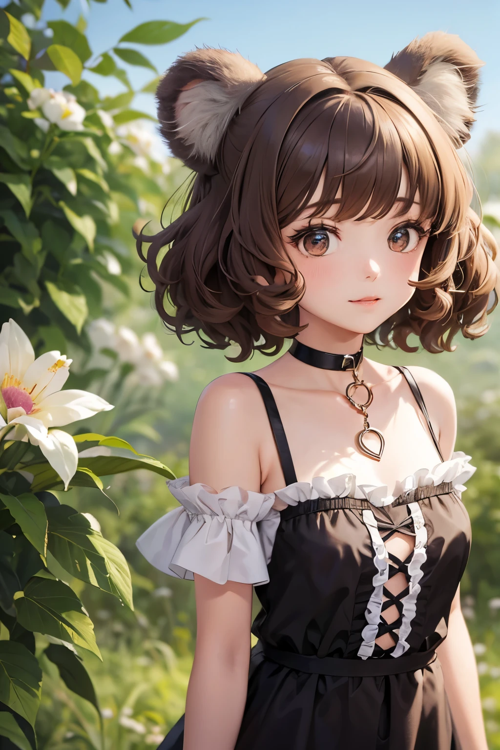 Cute and beautiful anthropomorphic koala girl with brown curly bob hair wearing a heart shaped choker in a beautiful flower field