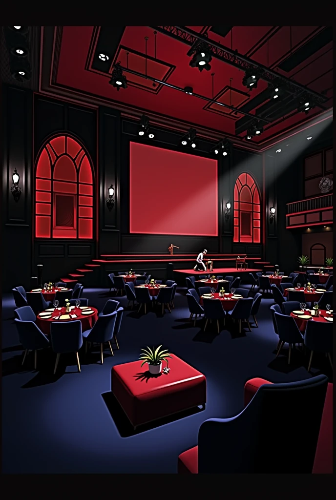 photorealistic, red, jazz club, stage, large interior, tables, spacious, big building, tables and chairs, performing stage, moody, red