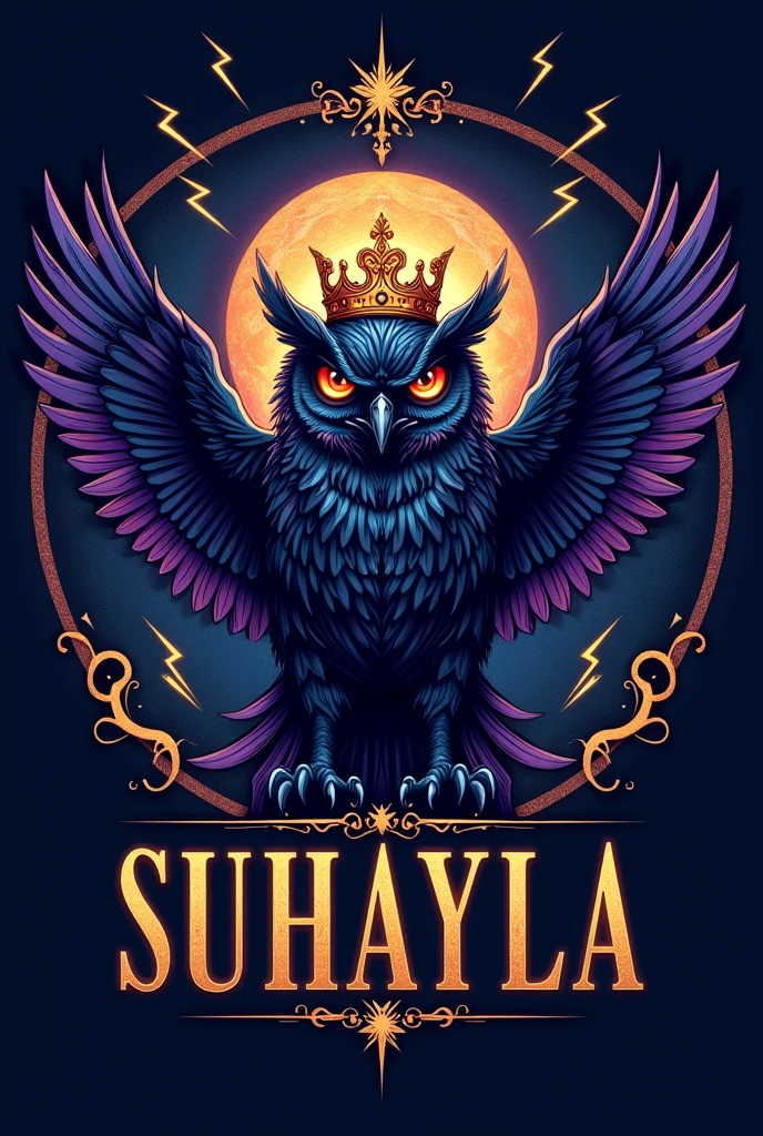 a digital illustration of an owl with a crown on its head. The owl is black with purple and gold accents, and its wings are spread out behind it. The background is a dark blue with a circular design in the center. Around the owl, there are gold accents and lightning bolts, giving the image a mystical and mystical feel. The word "SUHAYLA" is written in gold letters at the bottom of the image. The overall color scheme is dark and bold, making the owl stand out