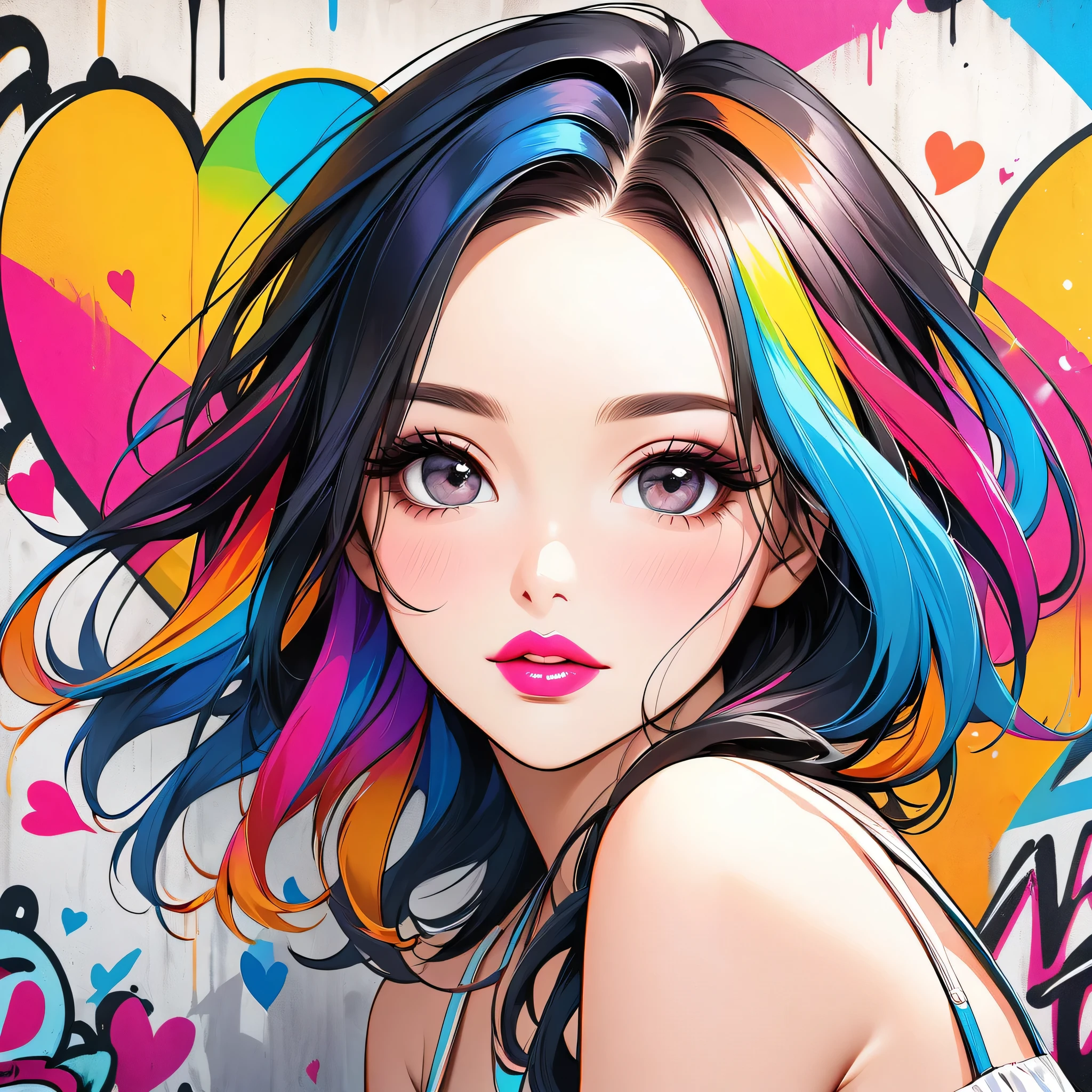 Ultra-realism Micho colorful style, Simple Line Initialism,Abstract art,(((The most beautiful girl of all time))), Sweet face. Lips in love, colorful hearts, stylish design, Summer beach fashion, Dark Eyes, Graffiti on the wall