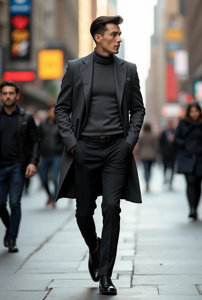 фото full length идущего по городу мужчины, Medium height, 35 years, black hair, Sports figure, broad shoulders, a neat stylish hairstyle, wide cheekbones, grey turtleneck coat, black dress pants, dark grey wool blazer, black leather derby shoes, walking through the city, looks ahead, Stylish look, thoughtful look, full length, free pose, dynamic pose, solar lighting, daylight 