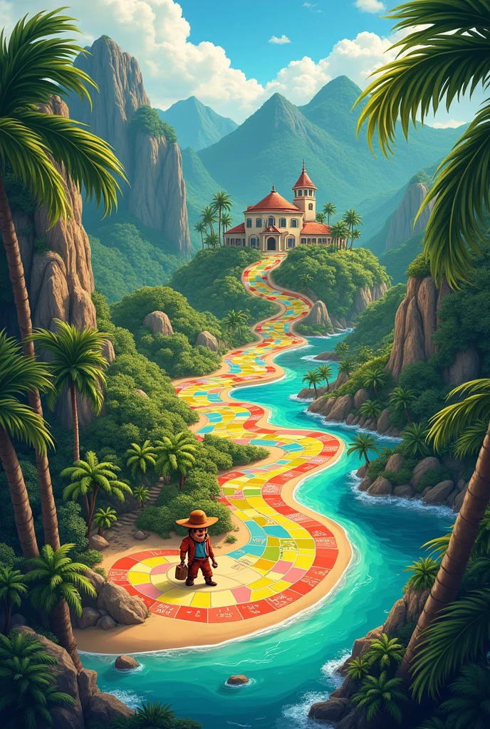 I want you to make a board for a game with approximately 60 squares to advance with the pawns and that goes to various parts of the board.. The image will be of a tropical island, divided into: beachfront, cavern, moutain, forest and mansion.