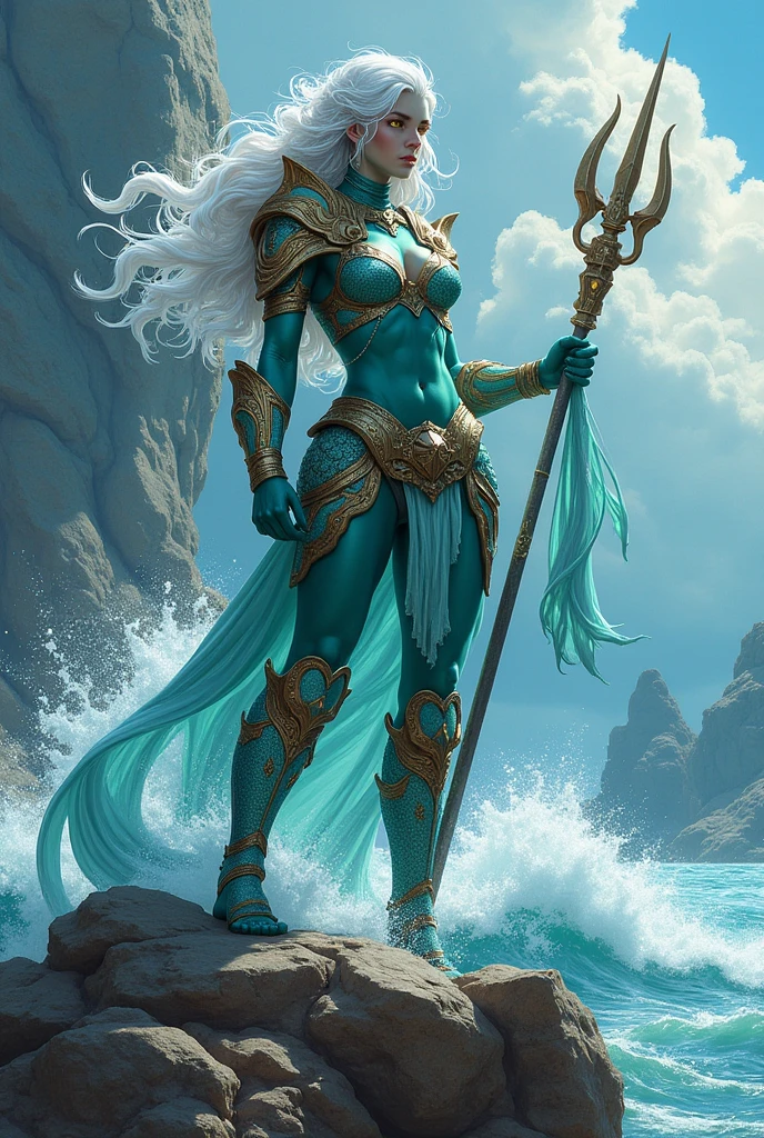 rpg style, digital painting art style, concept art style, full-body, fantasy, standing on a rock, sea elf female, tall and slender, athletic figure, muscled build, long limbs, long arms, long legs, muscled arms, visible six-pack, visible biceps, toned, big muscles, beefy, ripped, white long wavy hair, yellow eyes, shark like teeth, sharp teeth, neck gills like fish, webbed fingers, webbing between fingers, sharp fingernails, fin like pointed ears, turquoise blue skin, gladiator armor, holding trident in one hand, holding gladiator fishing long net in the other hand, scale like armor, seashell spaulder, coral diadem, sea background, ocean wave splash background