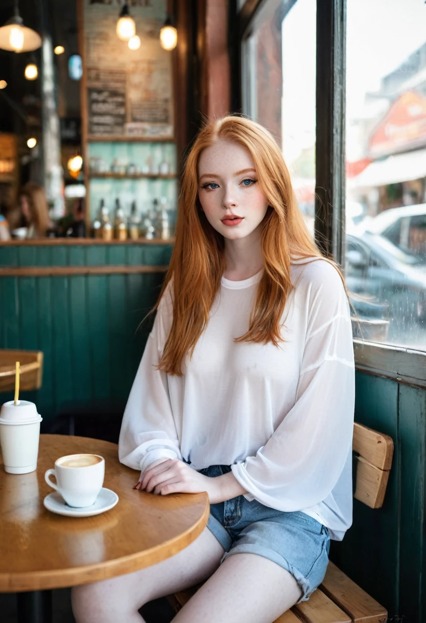 girl, beautiful, sitting at a table, at a ((cafe)), BREAK
oversized plain see through white t-shirt, slacks, BREAK
Large breasts, makeup, long ginger hair, pale skin, fair skin, white skin, BREAK, no bra, see through top