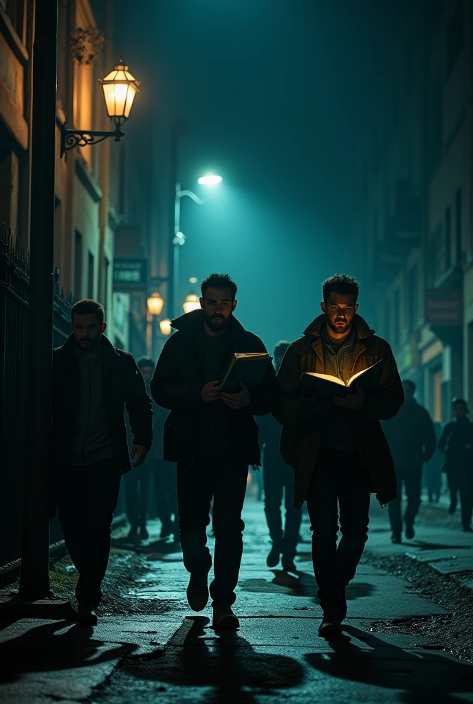 Men catch book and going to home alone night  dark