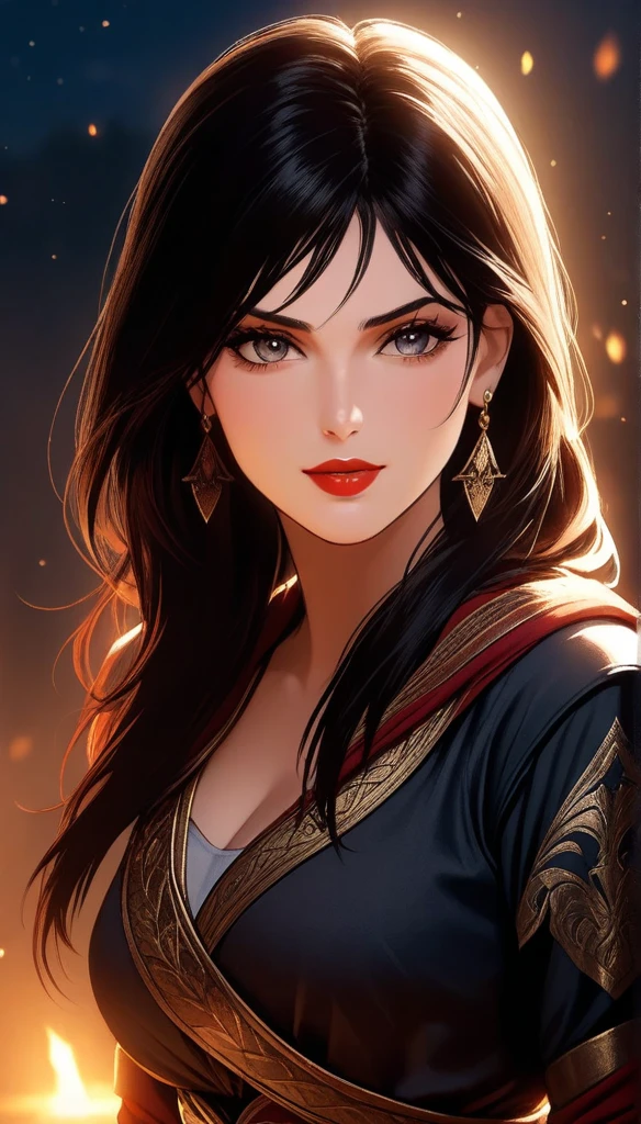 (best quality,ultra-detailed,realistic:1.37),(HDR,UHD,studio lighting),(portraits),(vivid colors),(warm color tones),(soft,moody lighting),(sharp focus),(bokeh),Kassandra,Assassin's Creed Universe,Kassandra's stunning face,Kassandra's piercing eyes,Kassandra's alluring gaze,Kassandra's seductive lips,Kassandra's flowing hair,Kassandra's confident and provocative smile,mysterious atmosphere,dark and gritty background,tattoos on Kassandra's body,ornate assassin gear,fierce and powerful stance,sparkling jewelry,dramatic lighting to accentuate facial features,subtle makeup,subtle hints of smoke or mist,nighttime setting,embers glowing in the background,subtle moonlight bathing the scene ,red lipstick, indian jhumka earrings,full body