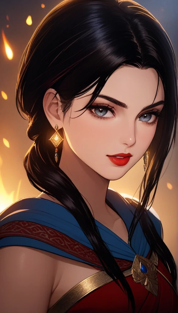 (best quality,ultra-detailed,realistic:1.37),(HDR,UHD,studio lighting),(portraits),(vivid colors),(warm color tones),(soft,moody lighting),(sharp focus),(bokeh),Kassandra,Assassin's Creed Universe,Kassandra's stunning face,Kassandra's piercing eyes,Kassandra's alluring gaze,Kassandra's seductive lips,Kassandra's flowing hair,Kassandra's confident and provocative smile,mysterious atmosphere,dark and gritty background,tattoos on Kassandra's body,ornate assassin gear,fierce and powerful stance,sparkling jewelry,dramatic lighting to accentuate facial features,subtle makeup,subtle hints of smoke or mist,nighttime setting,embers glowing in the background,subtle moonlight bathing the scene ,red lipstick, indian jhumka earrings,full body