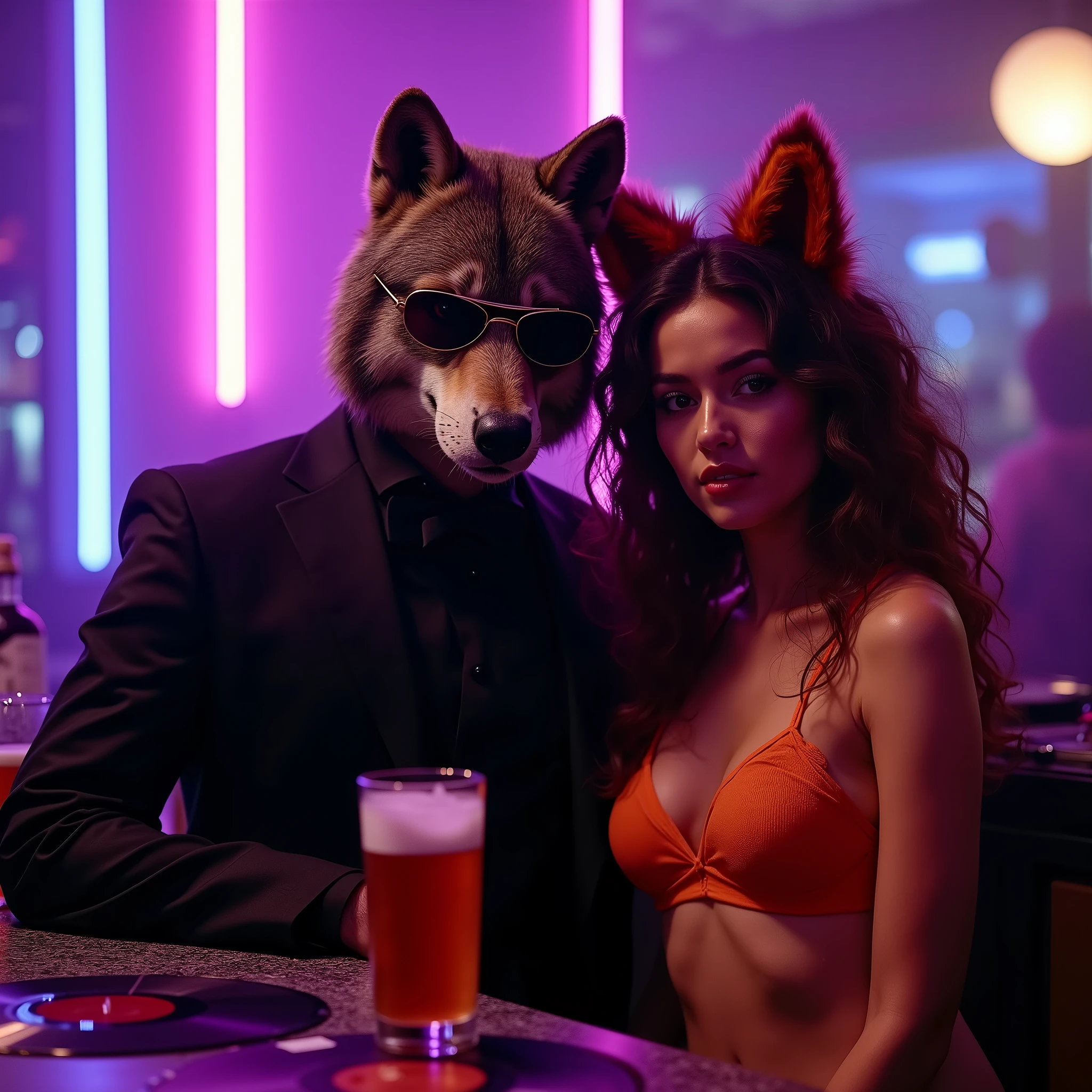 Man with wolf mask and aviator glasses, black suit, sitting at bar counter with purple neon lights, blue neon lights, next to him a beautiful woman, 18 years, long curly brown hair, Brown eyes, The girl has fox ears and tail, wear orange lingerie, There are alcoholic beverages, Records