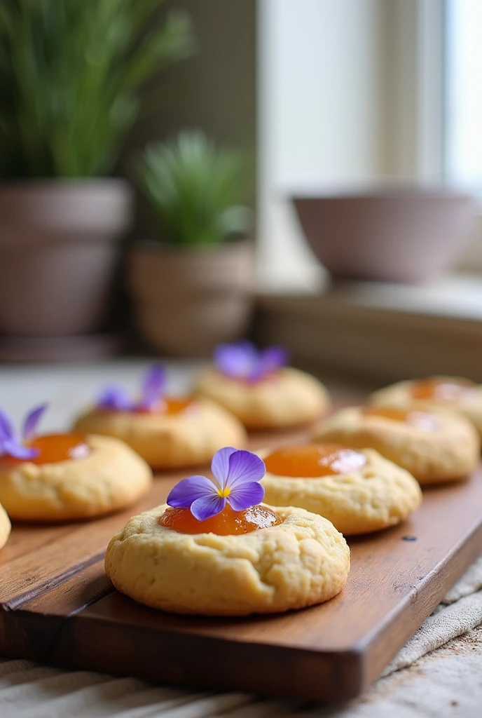 Cookies with caramelized violet flower petal in the center,casual minimal kitchen in the background,photografic,realistc