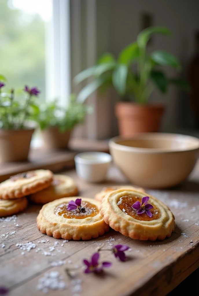 Cookies with caramelized violet flower petal in the center,casual minimal kitchen in the background,photografic,realistc