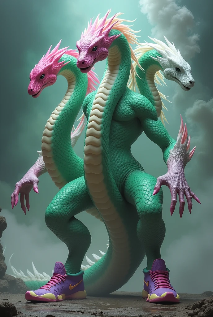 Personnage inspiré d'un serpent avec trois têtes une qui est rose foncé une tête qui est vert agenda est une qui est blanc est bras ver est rose agenda un corps avec une queue de serpent est un corps rose clair teinté de vert pâle des jambes vert est rose pour c'est deux jambes des pied de serpent avec des basket rose poupre est vert agenda clair pour c'est deux baskets des yeux de serpents une bouche de vipère pour les trois têtes de serpent est un côté de combattant dangereux 