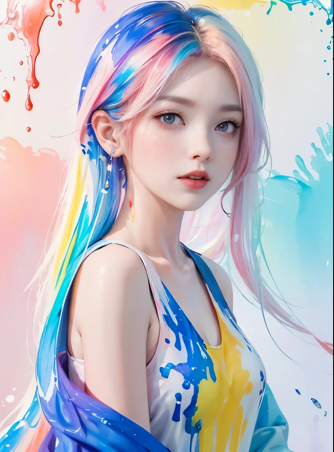 (masterpiece, best quality, high resolution), white background, ((paint splash, color splash, ink stain, color splash)),, Sweet Chinese girl, rainbow hair, Peach lips, front, upper body