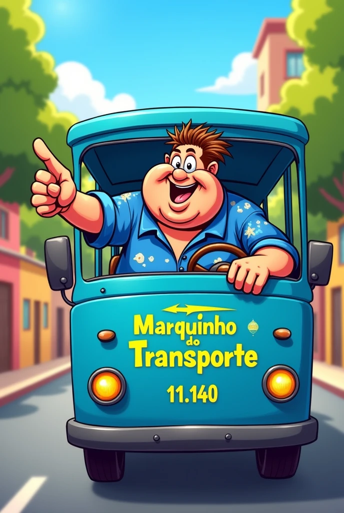 Image in cartoon format, of a slightly overweight man, pointing forward , wearing a blue shirt, driving a blue bus, on this bus it says Marquinho do Transporte, and the numbers 11.140.