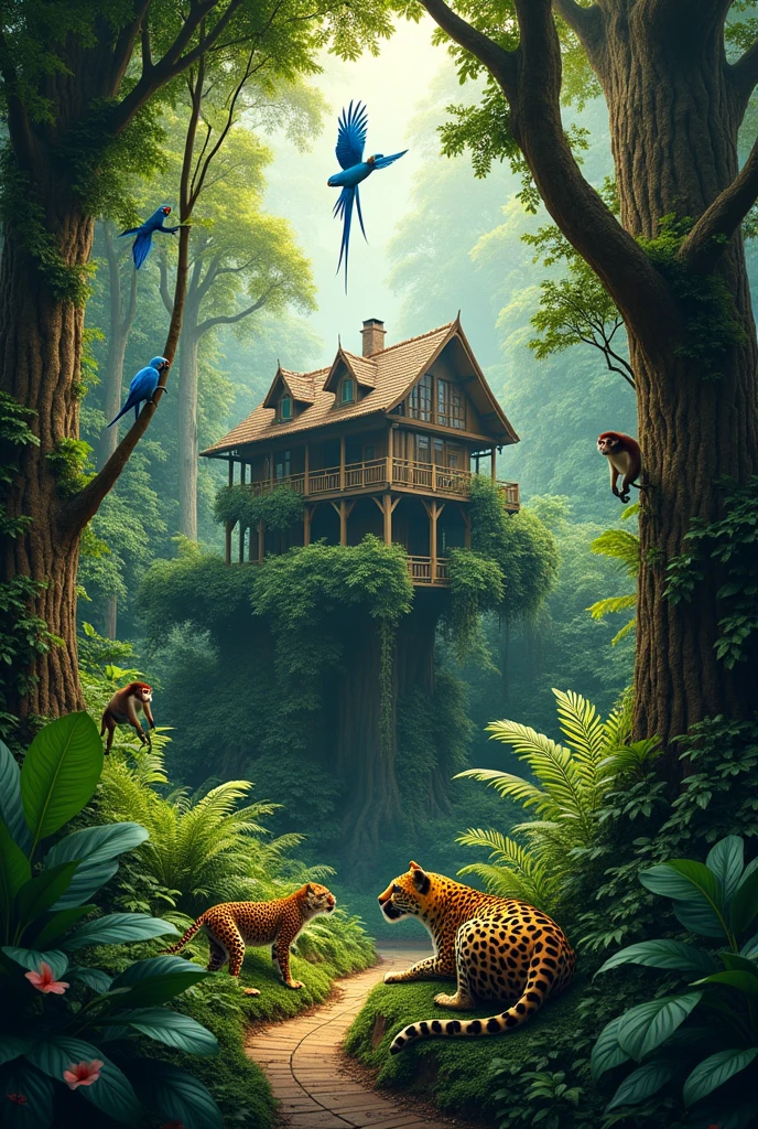 My home in the jungle with real animals like parrot, jaguar , monkey and other animals 