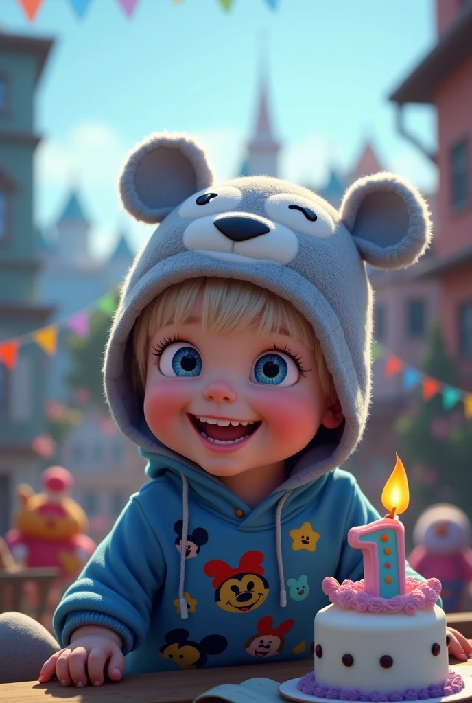  baby boy. He has light skin, short medium blond hair with bangs. Dark Blue eyes. He is smiling brightly. he is wearing a gray hat with bear face. He is wearing a blue hoodie with in mickey mouse aesthetics. He is celebrating  his first birthday with a cake with a candle number 1. Character should be colorful and have a fun, friendly look, with exaggerated, expressive features. Big expressive eyes and smiling. Pixar style