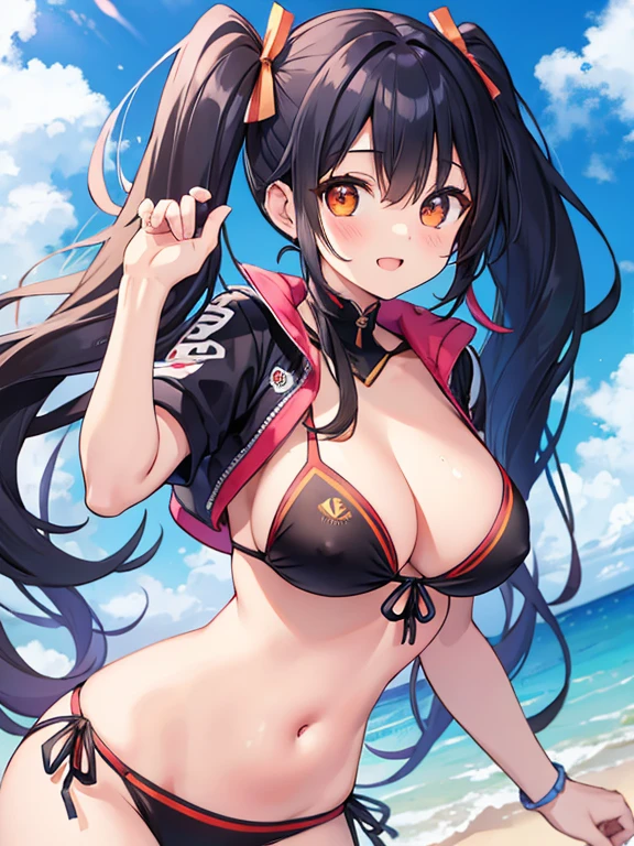 (Masterpiece, Top Quality, Super High Quality, Super High Detail, Beautiful Hair, Beautiful Eyes, Perfect Face), Summer, Beach, Sun, Blue Sky, Crowded Beach, Short Twin Tail, Black Hair, Very , Droopy Heterochromia, Pink Eye, Orange Eye, Very Huge Breasts, 145cm Tall Girl small bikini untied and her boobs showing, unaware, smiling, playing beach volleyball, dynamic illustration with movement., nipple slip