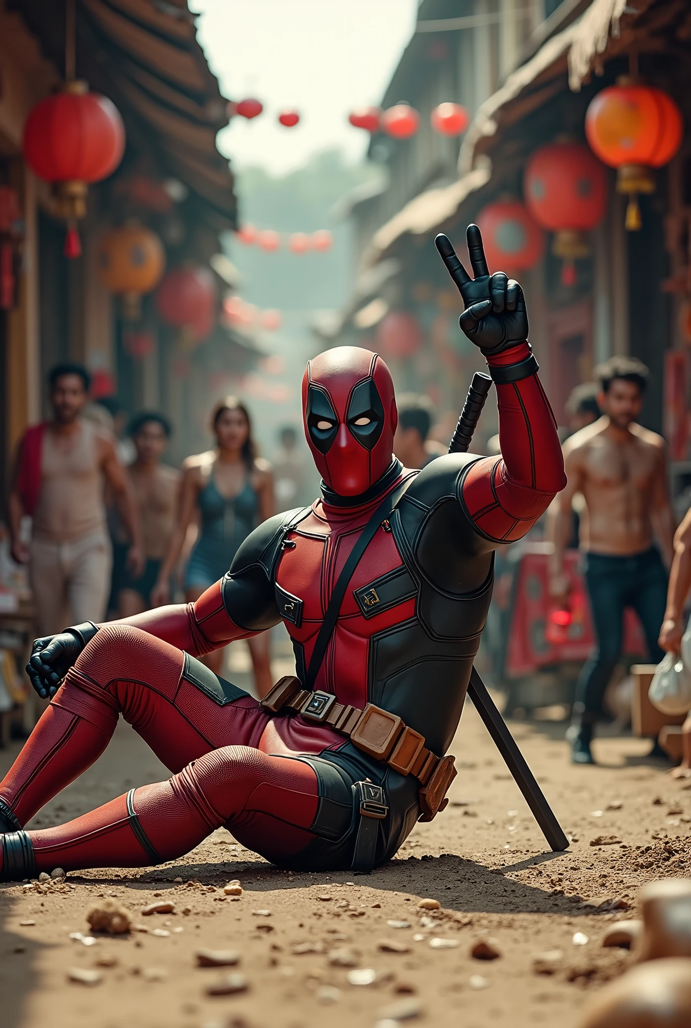 (photorealism:1.2), (HDR quality), (realistics), the deadpool is falling on the ground  he was hit by wolverine(angry face), deadpool with his one hand is raise peace mark fingers, at the traditional market(detailed situations and conditions), many people watching them