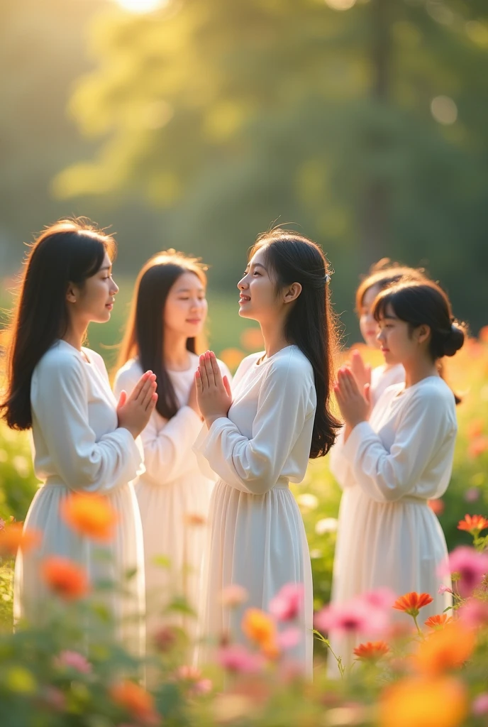 seven sacred korean young girls, in her twenties, praying in a circle, whilte dress, world map background, flower garden background, bokeh, 8k, realistic, sacred expression,, seven girls, korean idol, clean skin