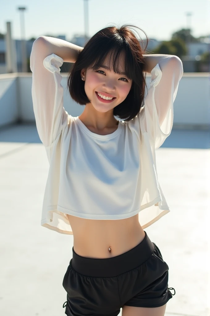21yo girl, dark hair, bob hair, bang, smiling, poses playfully, wearing a loose white top that is slightly pulled up, revealing her midriff. She pairs it with black athletic shorts, a cheerful vibe to the image. The background is white or rooftop, focusing attention on her outfit and pose