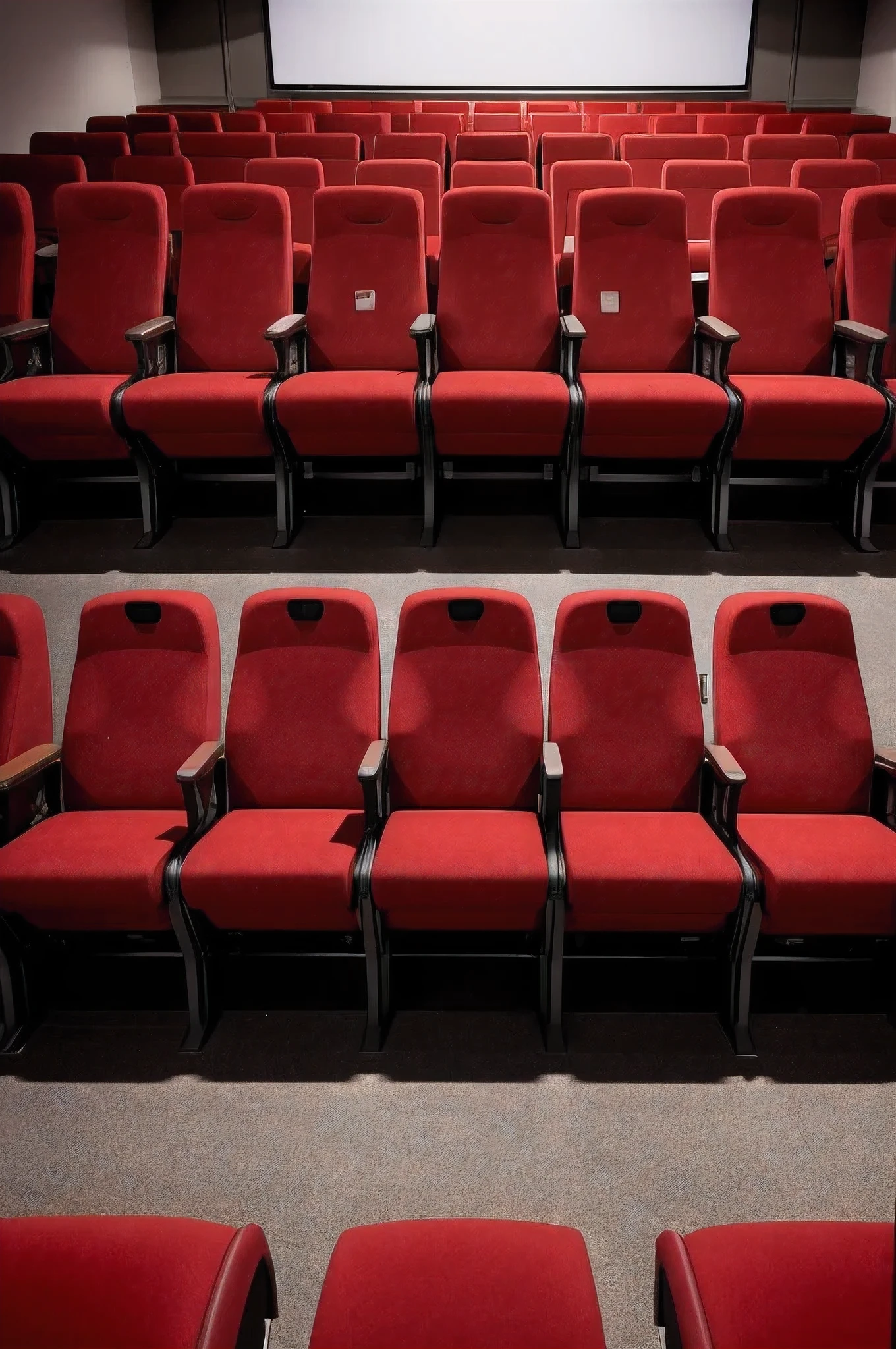 An image of a row of empty red cinema seats 2D perspective