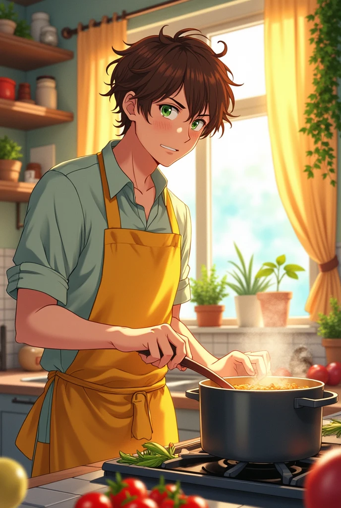 A man is in the kitchen of the anime Yellow Apron 
