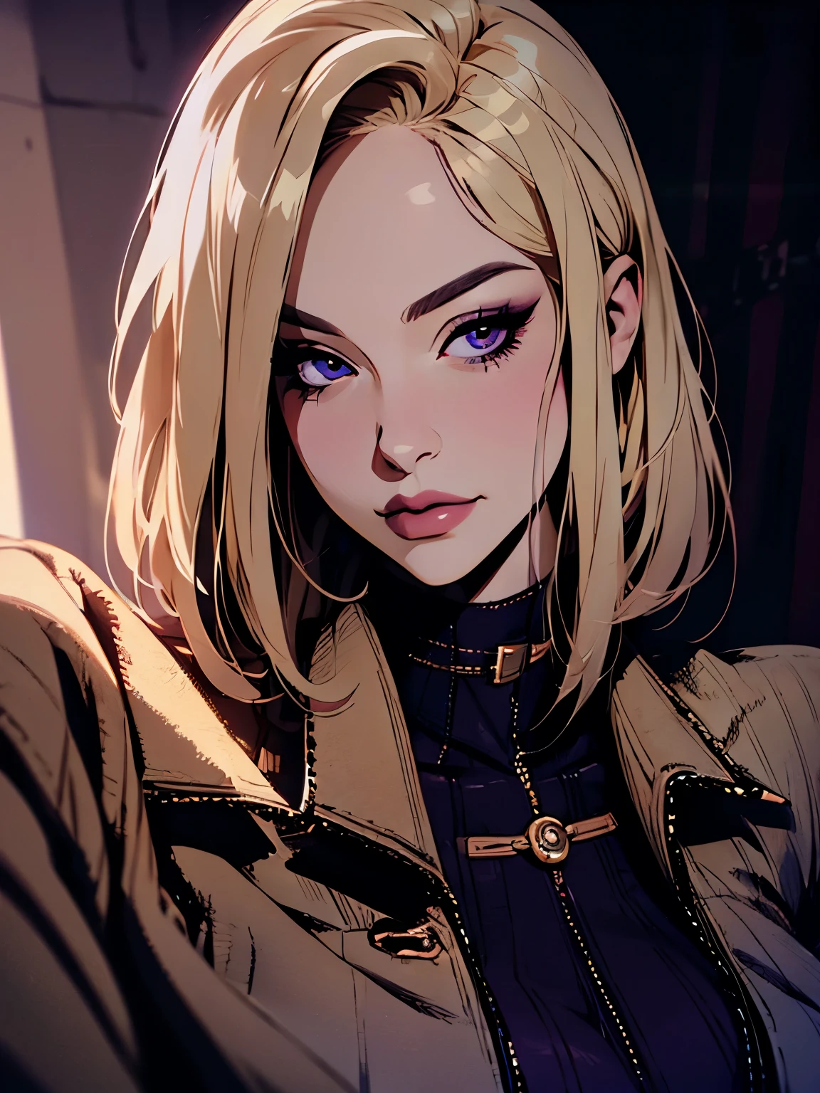 hyper-realistic of a charming woman with short, blonde hair, long bob hair, piercing purple eyes, trunk, beige coat, ((light hair)), ssmile