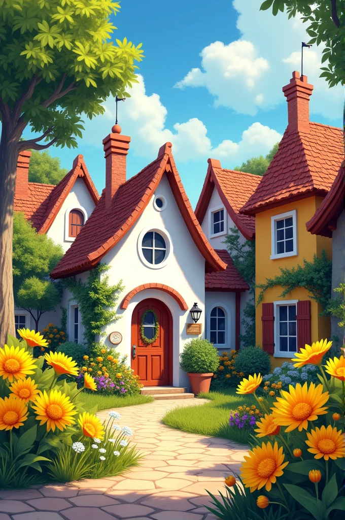 a white house with yellow flowers in front of it, colorful houses, colorful house, colorful architecture, peaked wooden roofs, full of colorful vegetation, colorful buildings, wooden houses, by Joze Ciuha, sunlight and whimsical houses, rich picturesque colors, houzz, by Emerson Silva, contrastive colors, beatiful house, colorful vegetation, colorful tiled architecture,  4k hd,, beautiful art uhd 4 k, a beautiful artwork illustration, beautiful digital painting, highly detailed digital painting, beautiful digital artwork, detailed painting 4 k, very detailed digital painting, rich picturesque colors, gorgeous digital painting