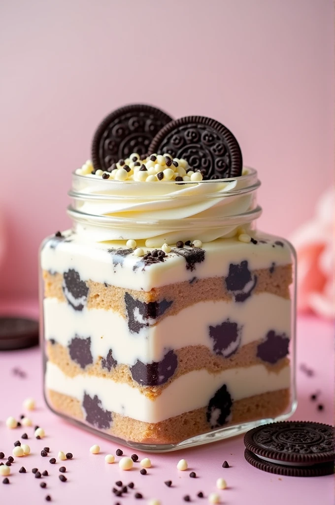 Try our cake in a jar: an irresistible combination of white dough, noble white chocolate, Nestlé milk and Oreo pieces. A quality treat that will delight your taste buds!".
Based on this information, generate an image to publish., square jar cake 220 ml, Oreo flavor with the above descriptions.