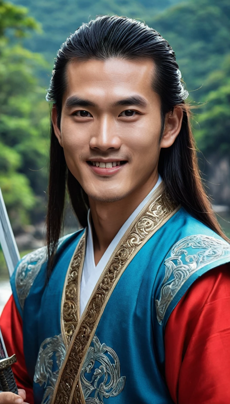 Character Lenh Ho Xung, work Tieu Ngao Giang Ho by Kim Dung, China, ancient swordplay film. Handsome young man, long hair, brown skin, very handsome makeup, hair with spiritual accessories, wearing ancient Chinese costumes of blue and red brocade in many colors, holding a ((long sharpen sword)), wearing jewelry care, ((smiling face)), using high-end cosmetics. The photo shows a strong, graceful look, strong spirit, the boy's eyes look straight directly to camera. The background is the rocks on the river surrounded by trees, limestone pillars, mountain river trees, majestic natural scenery, beautiful Vietnamese jungle, beautiful nature in the background, Chinese scenery, forest and river, very beautiful scenery, beautiful jungle scenery, wonderful scenery, trees and cliffs. Background of the river forest, mountain forest scenery, beautiful jungle, blue sky, white clouds. Hong Kong cinema style. Cinematic light, high detail, 8K, artstation, artistic concept, any virtual darkness. Photo taken with Canon EOS R5 85mm f/11 camera, sharp mode of people and surroundings. Photo quality 8K, realistic, masterpiece, sharpest and highest contrast, amazing depth of field, stereoscopic light, strong and fierce emotion, detailed pore defect, Direct light on face, bright sunlight.